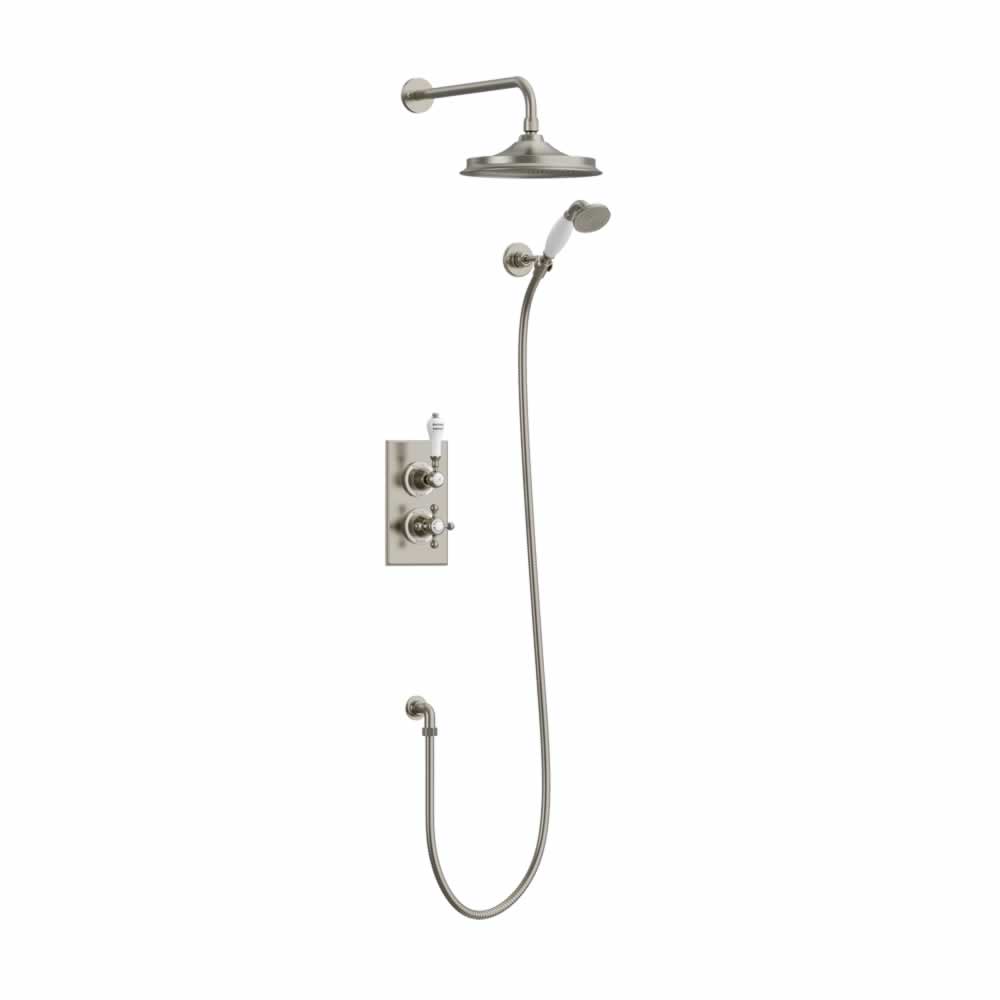 Trent Thermostatic Two Outlet Concealed Divertor  Shower Valve , Fixed Shower Arm, Handset & Holder with Hose with 9 inch rose  brushed nickel